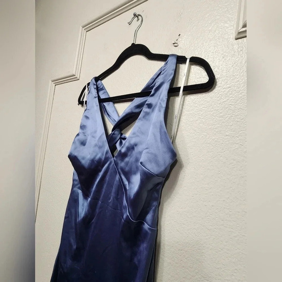 Lulus Purely Elegant Slate Blue Satin Twist-Back Maxi Dress Wedding Party Prom - Picture 8 of 12